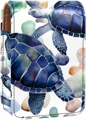 Lipstick Case,Leather Lip Gloss Lipstick Organizer with Mirror,Mini Lipstick Holder Bag,Watercolor Sea Turtle