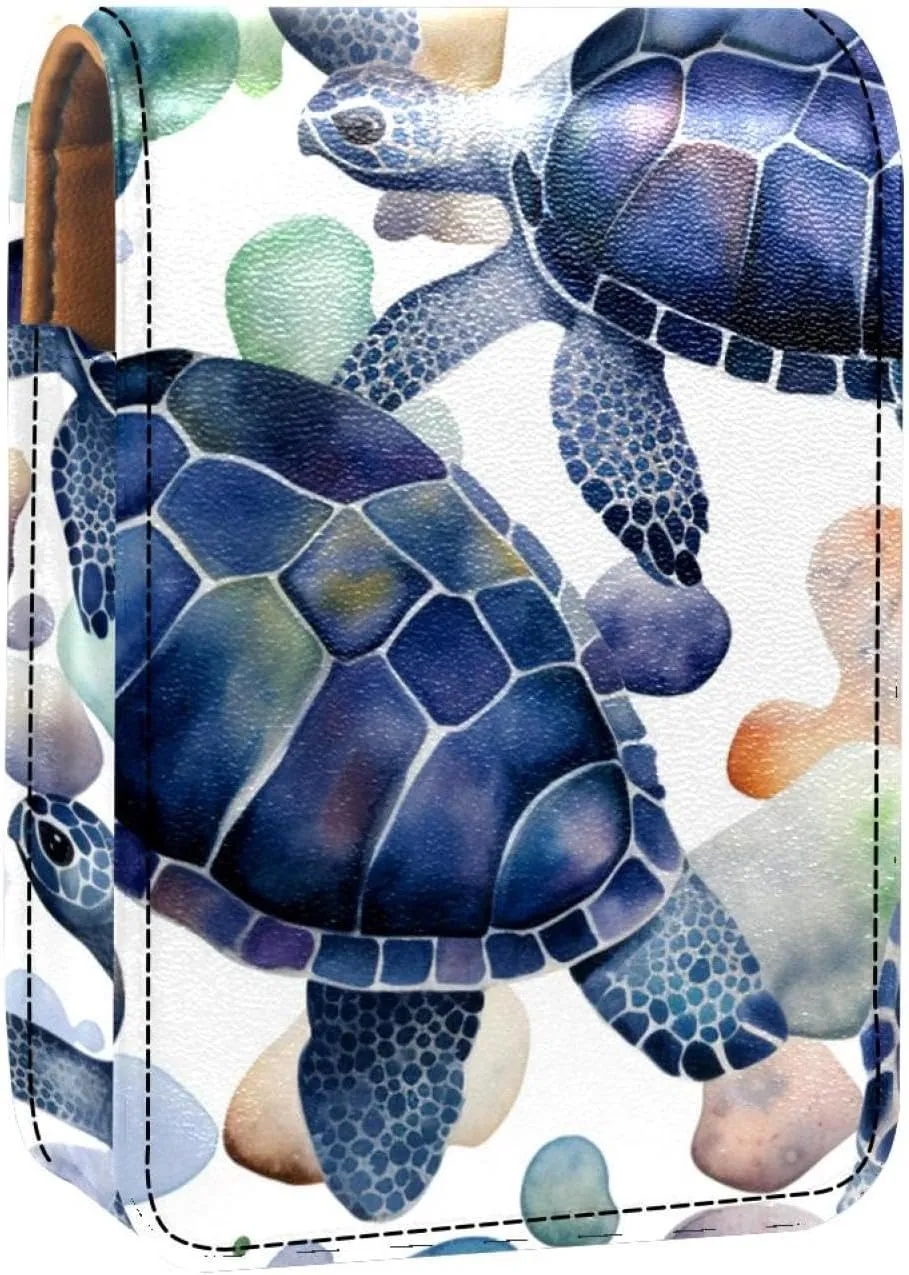 Lipstick Case,Leather Lip Gloss Lipstick Organizer with Mirror,Mini Lipstick Holder Bag,Watercolor Sea Turtle