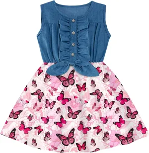 Little Girls Sleeveless Denim Dresses Casual Bowknot One-Piece Princess Sundress Tutu Skirt 2-8 Years