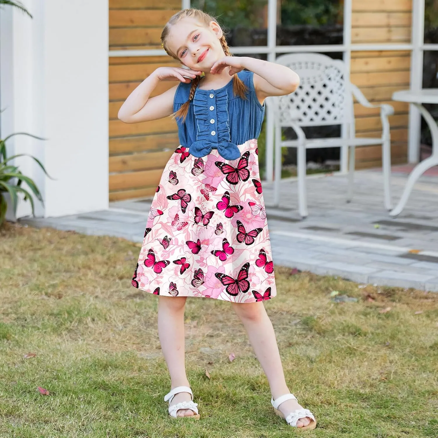 Little Girls Sleeveless Denim Dresses Casual Bowknot One-Piece Princess Sundress Tutu Skirt 2-8 Years