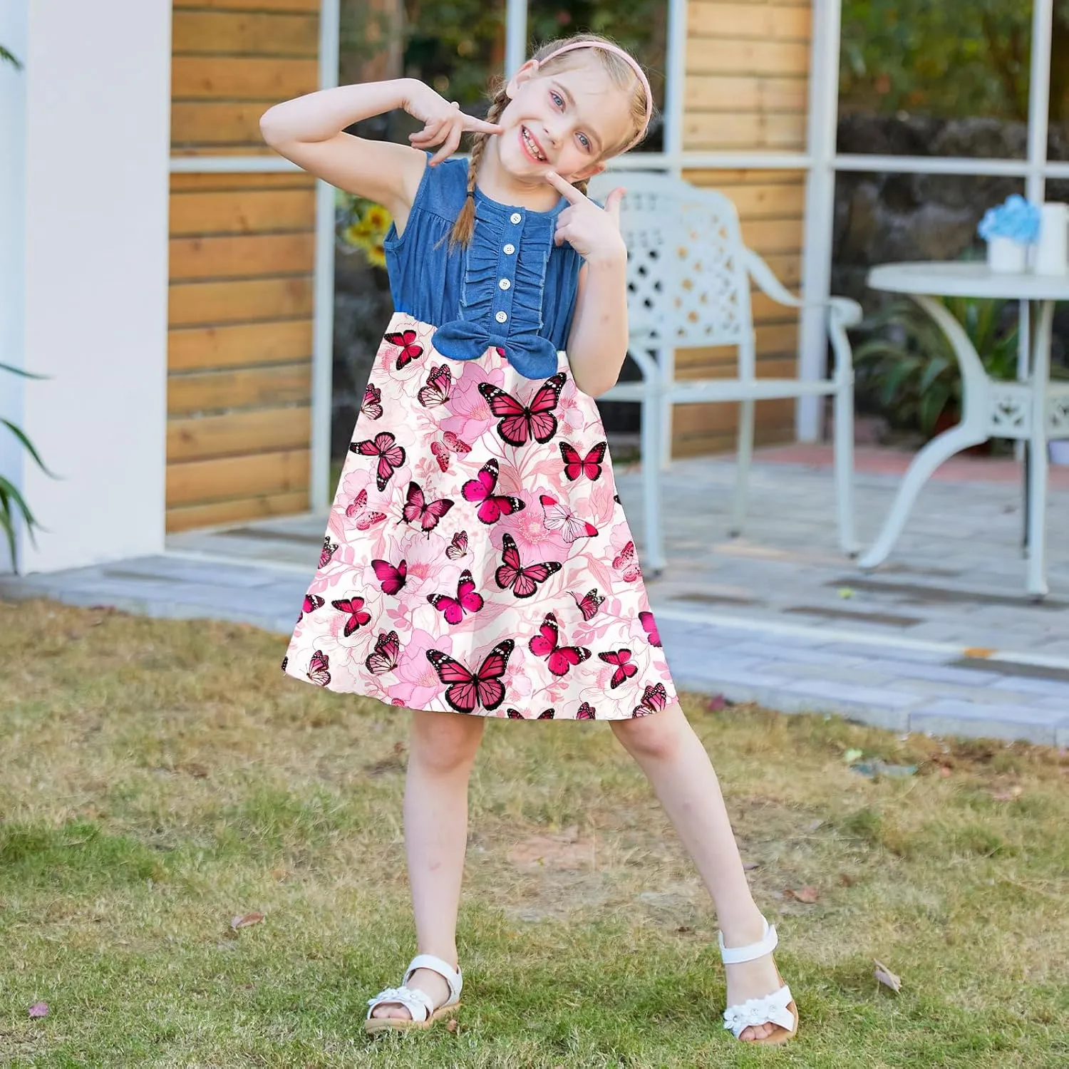 Little Girls Sleeveless Denim Dresses Casual Bowknot One-Piece Princess Sundress Tutu Skirt 2-8 Years