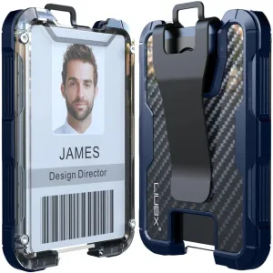 LIUGX Carbon Fiber Badge Holder, ID Card Holder with Metal Clip - Heavy Duty Portable Wallet (Holds 1to 4 Cards),for Office Police Worker Outdoor, Dark Blue