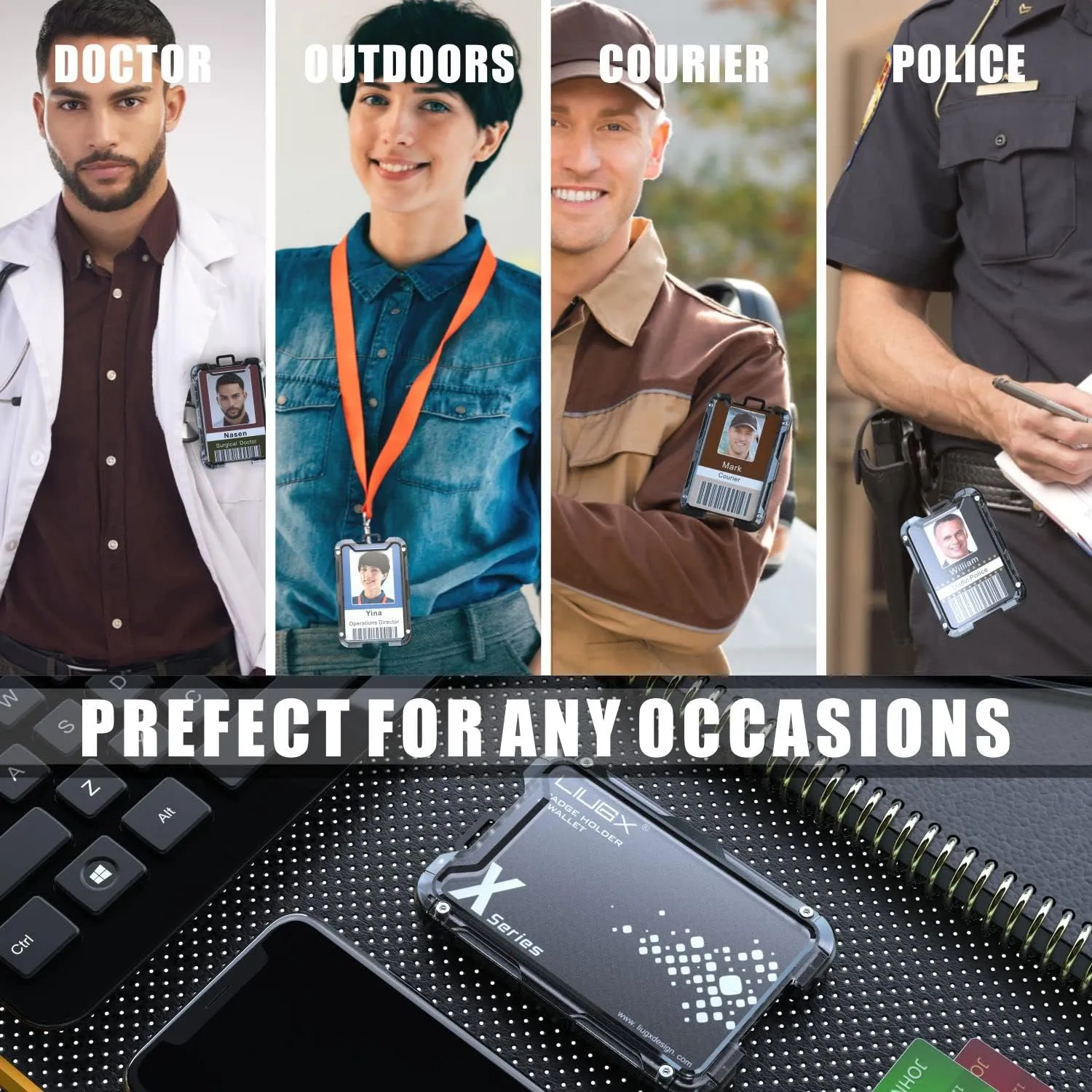 LIUGX Carbon Fiber Badge Holder, ID Card Holder with Metal Clip - Heavy Duty Portable Wallet (Holds 1to 4 Cards),for Office Police Worker Outdoor, Dark Blue
