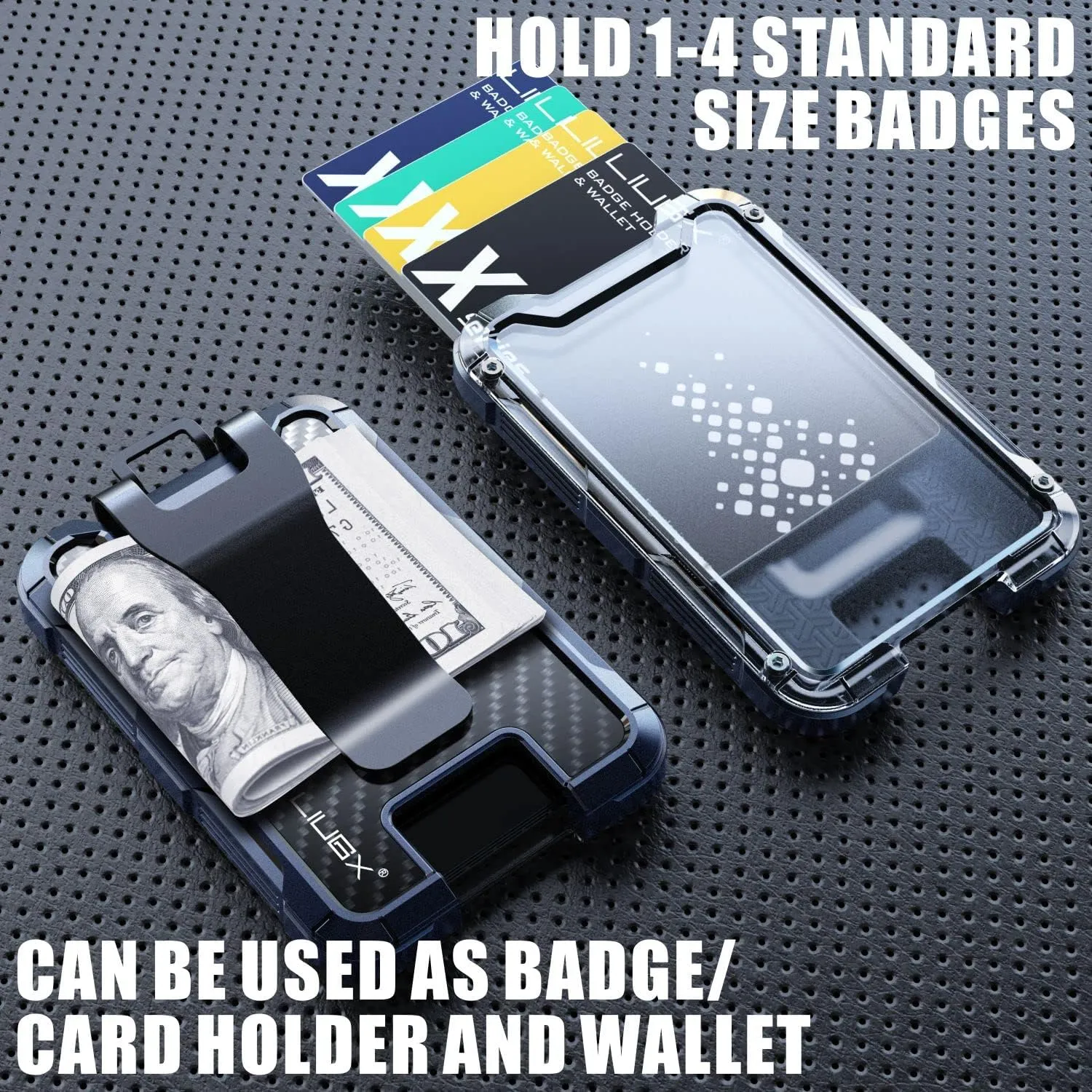 LIUGX Carbon Fiber Badge Holder, ID Card Holder with Metal Clip - Heavy Duty Portable Wallet (Holds 1to 4 Cards),for Office Police Worker Outdoor, Dark Blue
