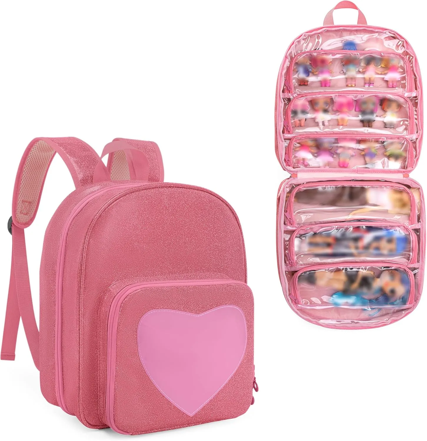 LoDrid Carrying Backpack Compatible with LOL Surprise Dolls All, Storage Case with 6 Clear Pockets for Dolls Organizer & Display, Pink, Bag Only (Patent Design)