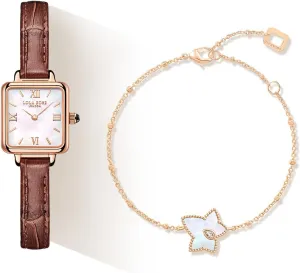 Lola Rose Genuine Brown Leather Strap Wrist Watch with Exquisite Malachite Bead Bracelet