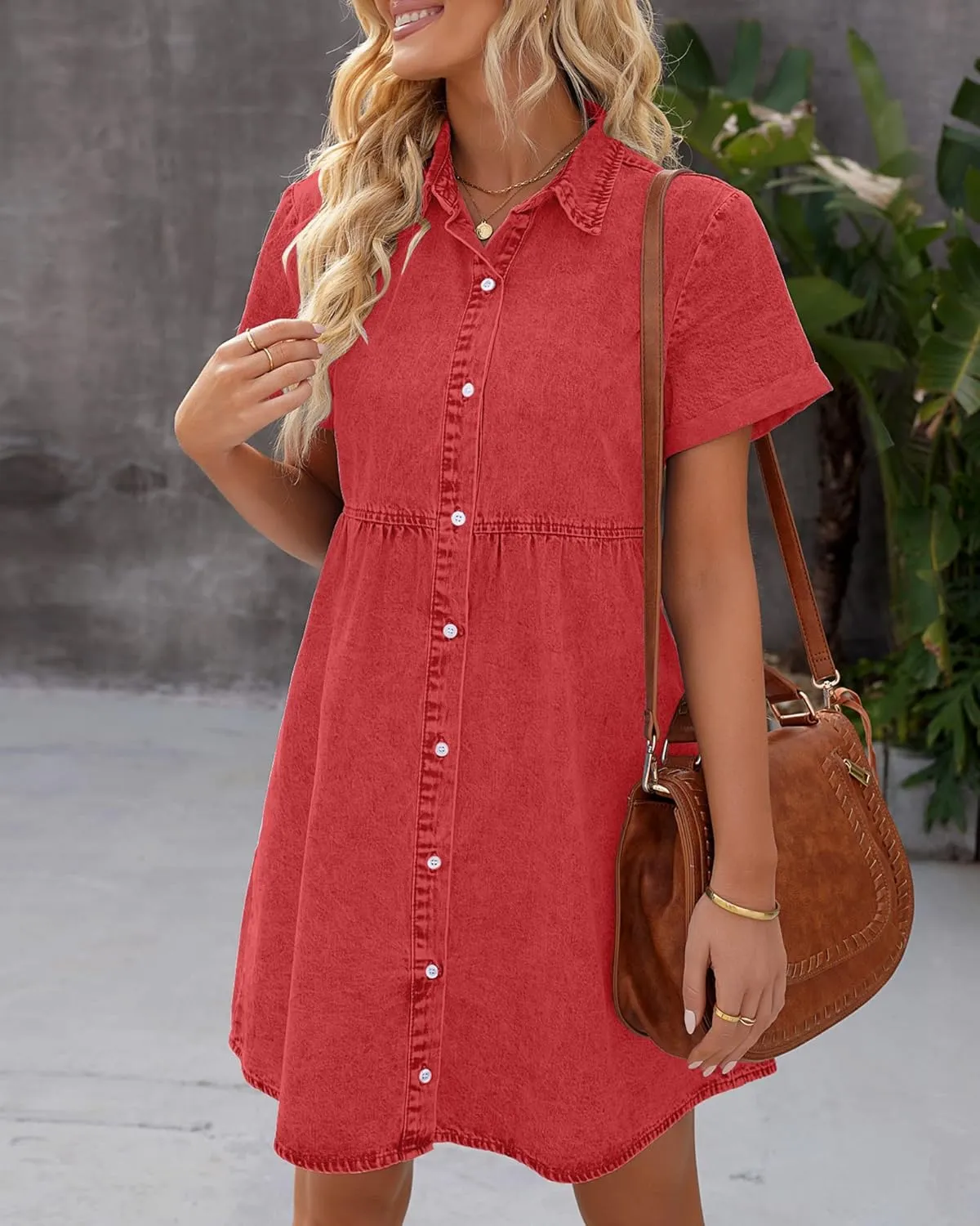 LookbookStore Women's Short Sleeve Button Down Flowy Tiered Babydoll Denim Dress