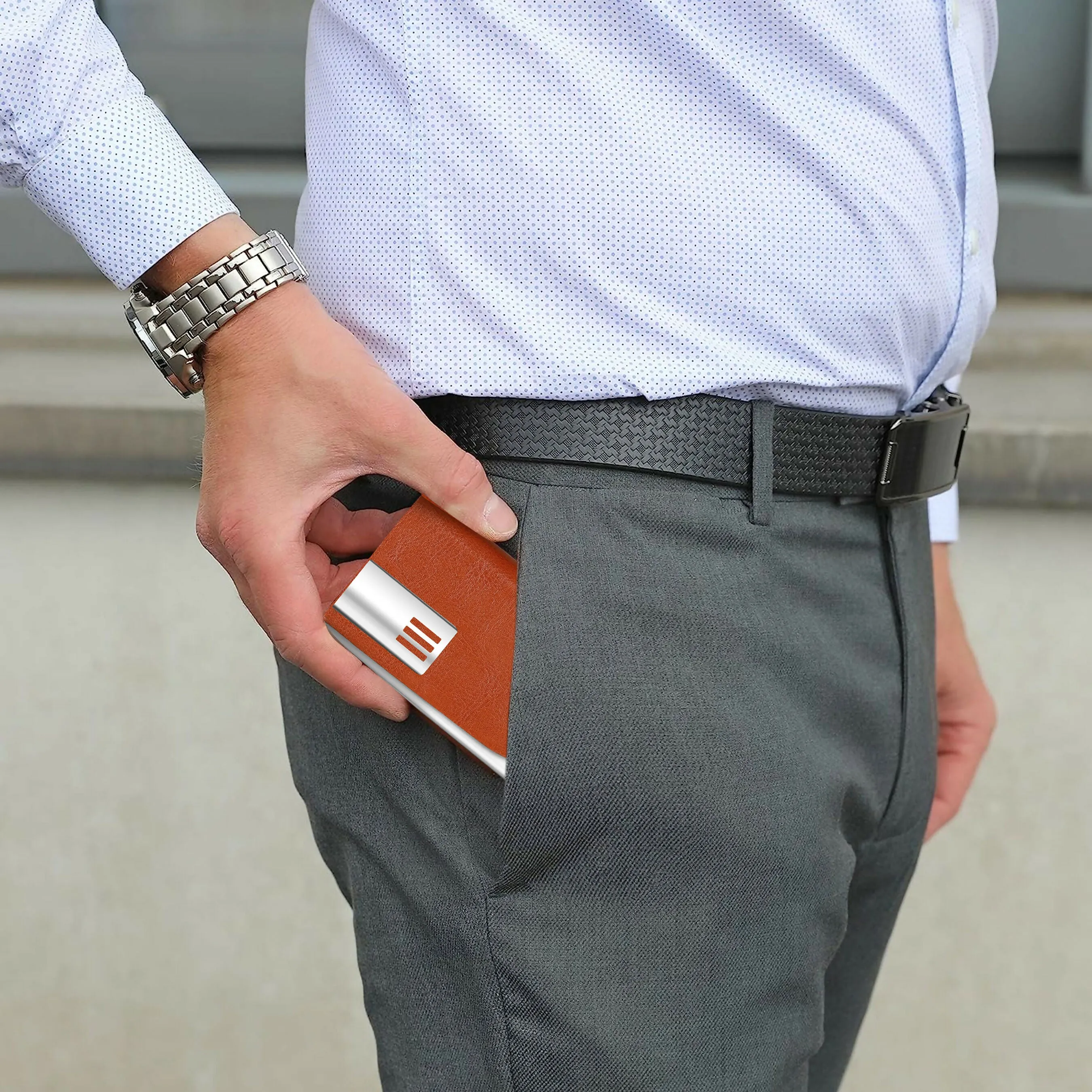 LOREM WL607 – Tan Metal Card Holder Wallet | Compact, Stylish & Secure with Magnetic Closure