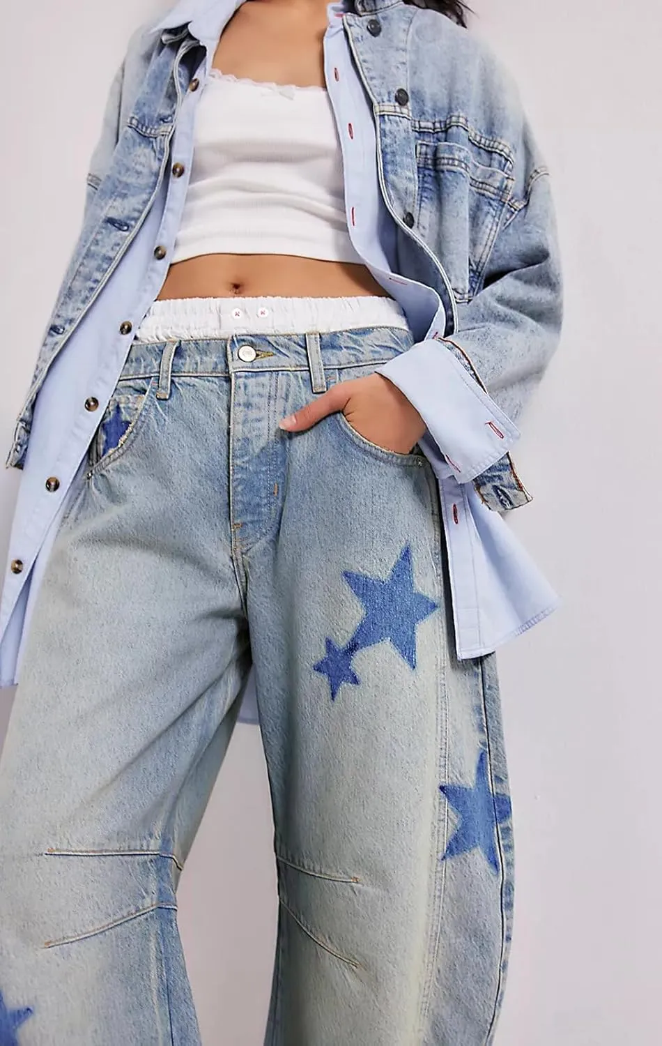 loveimgs Women's Mid Rise Barrel Jeans Wide Leg Baggy Printed Loose Y2k Boyfriend Denim Pants Horseshoe Jeans