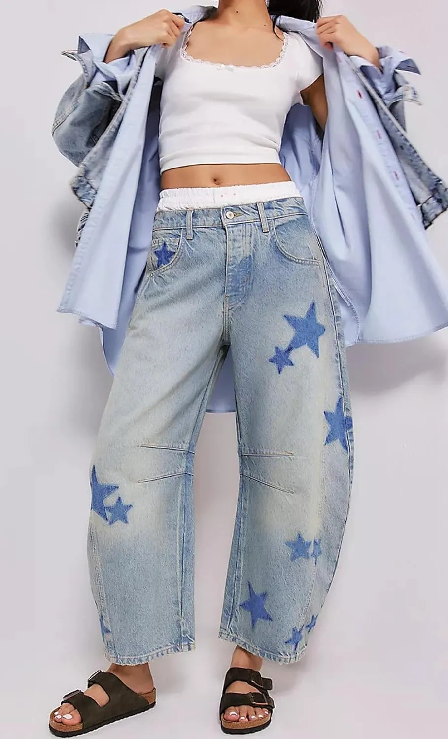 loveimgs Women's Mid Rise Barrel Jeans Wide Leg Baggy Printed Loose Y2k Boyfriend Denim Pants Horseshoe Jeans