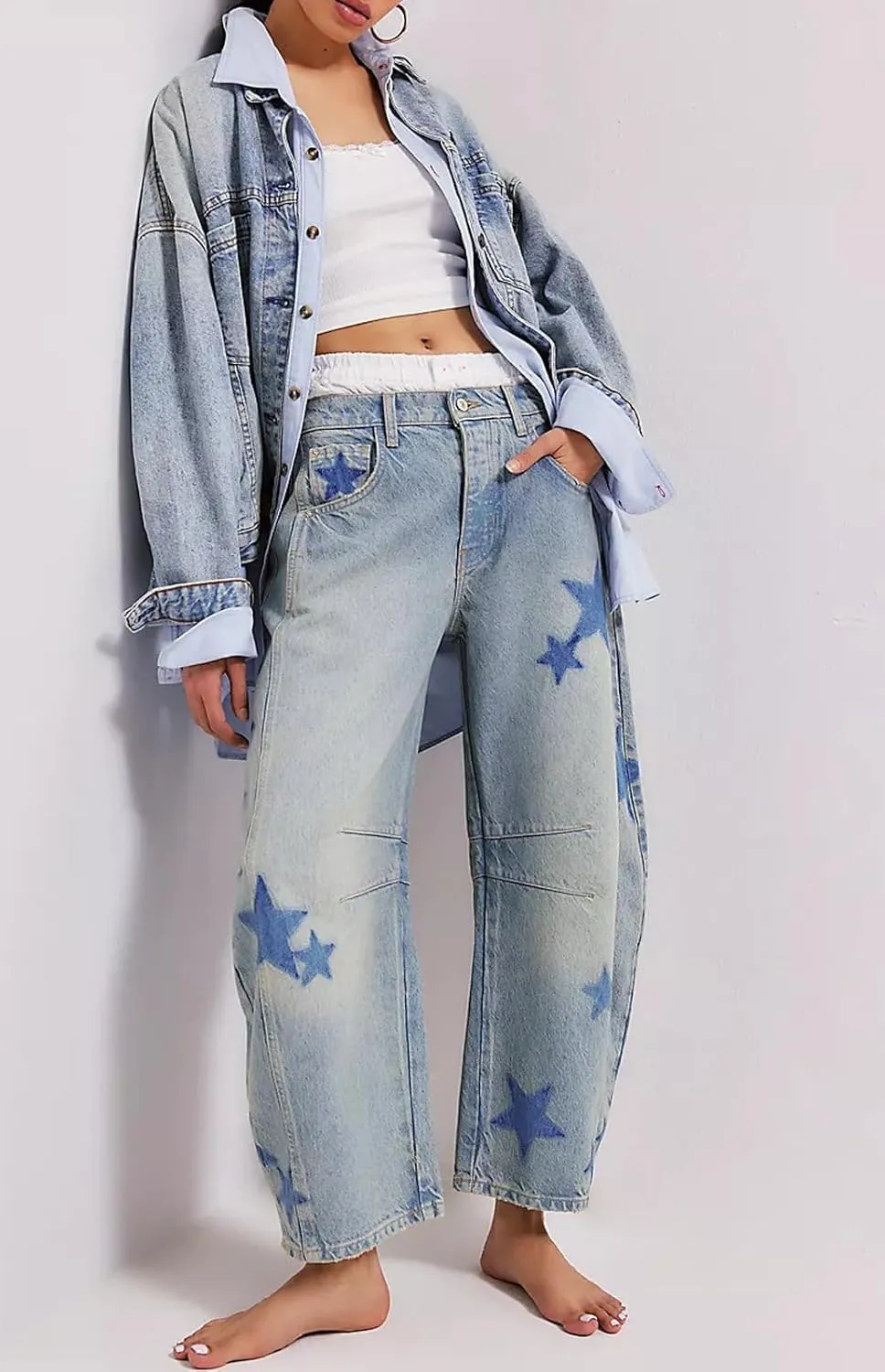 loveimgs Women's Mid Rise Barrel Jeans Wide Leg Baggy Printed Loose Y2k Boyfriend Denim Pants Horseshoe Jeans