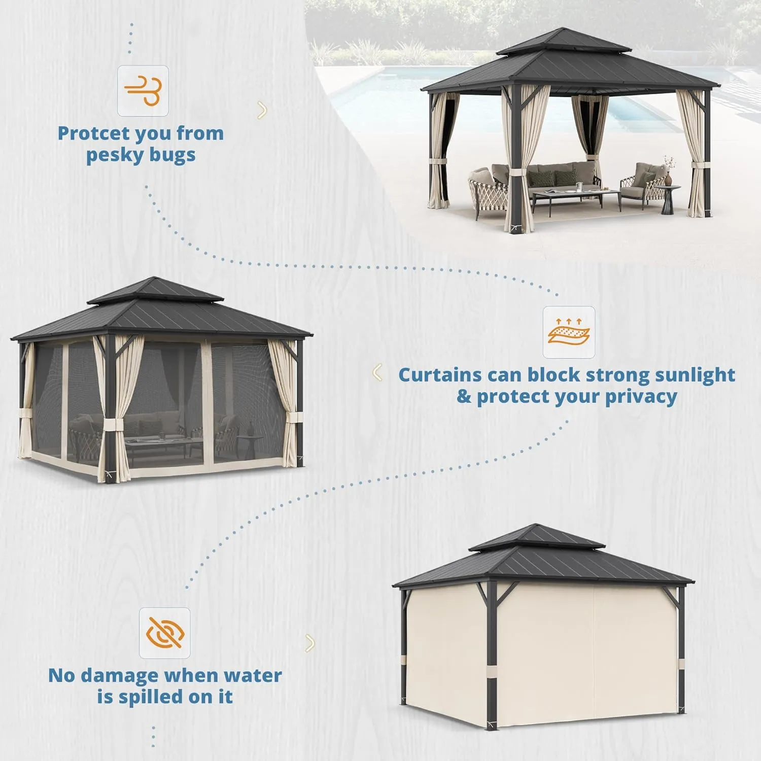 LUE BONA 12'x12' Gazebo Hardtop Gazebos, Double Galvanized Steel Roof and Aluminum Frame Permanent Pavilion with Dual Curtains, Outdoor Metal Roof Gazebo for Patio, Garden, Backyard, Black