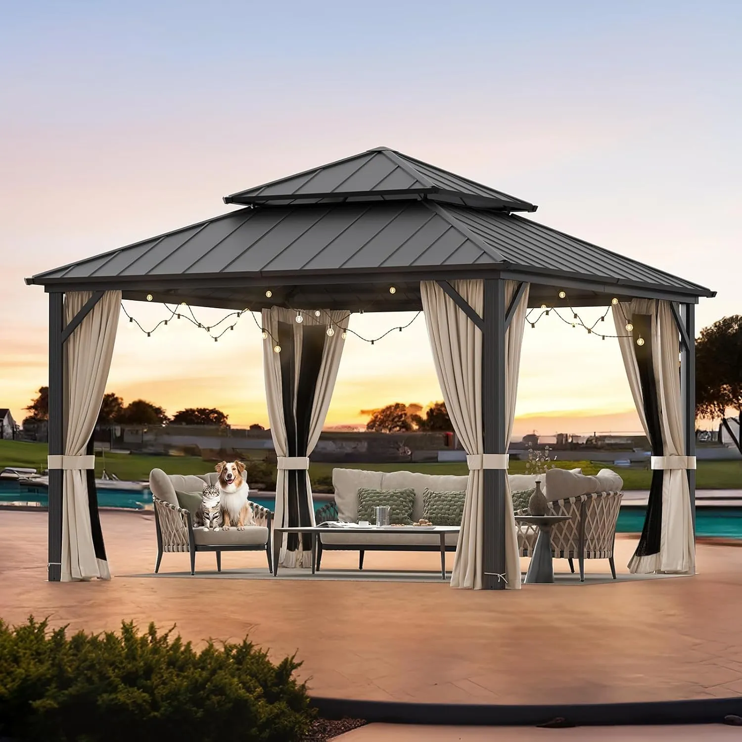 LUE BONA 12'x12' Gazebo Hardtop Gazebos, Double Galvanized Steel Roof and Aluminum Frame Permanent Pavilion with Dual Curtains, Outdoor Metal Roof Gazebo for Patio, Garden, Backyard, Black