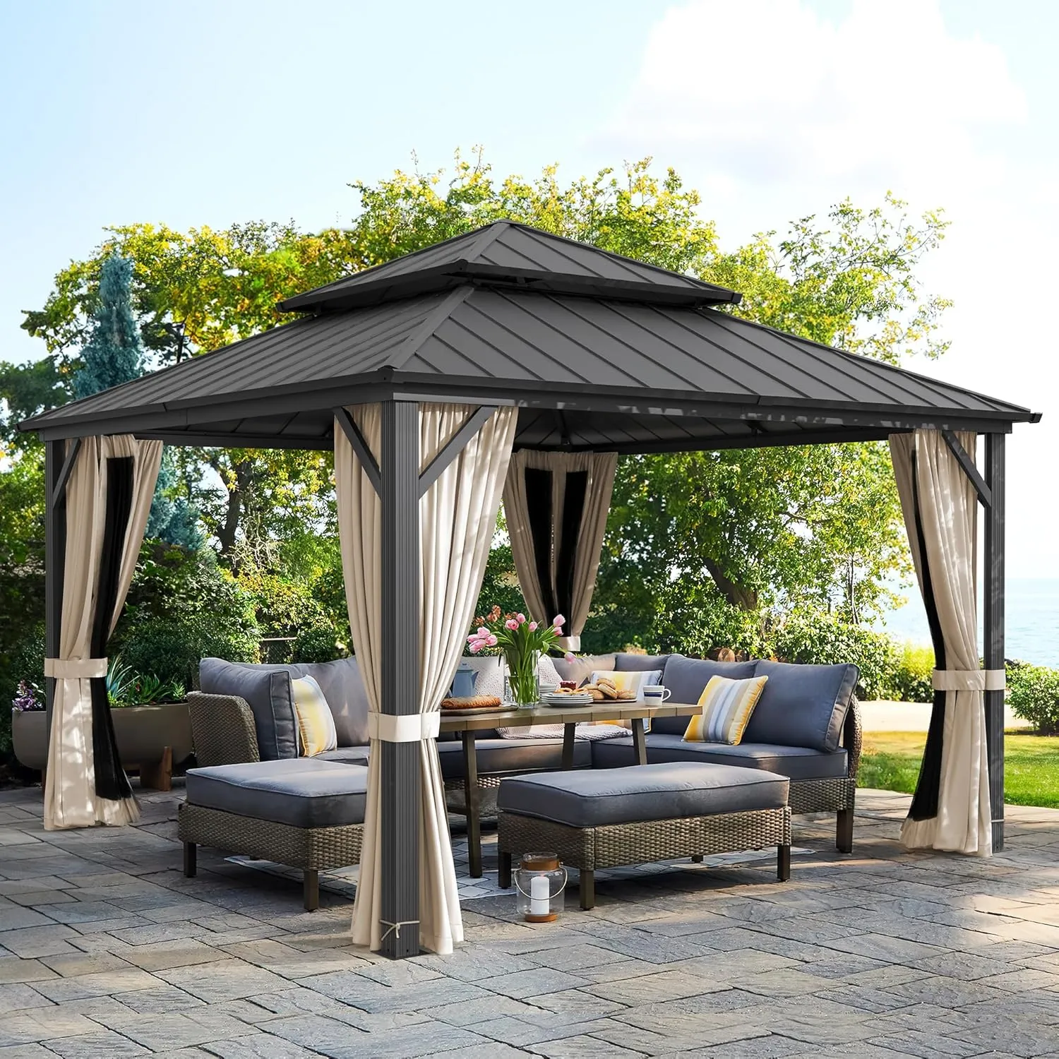 LUE BONA 12'x12' Gazebo Hardtop Gazebos, Double Galvanized Steel Roof and Aluminum Frame Permanent Pavilion with Dual Curtains, Outdoor Metal Roof Gazebo for Patio, Garden, Backyard, Black