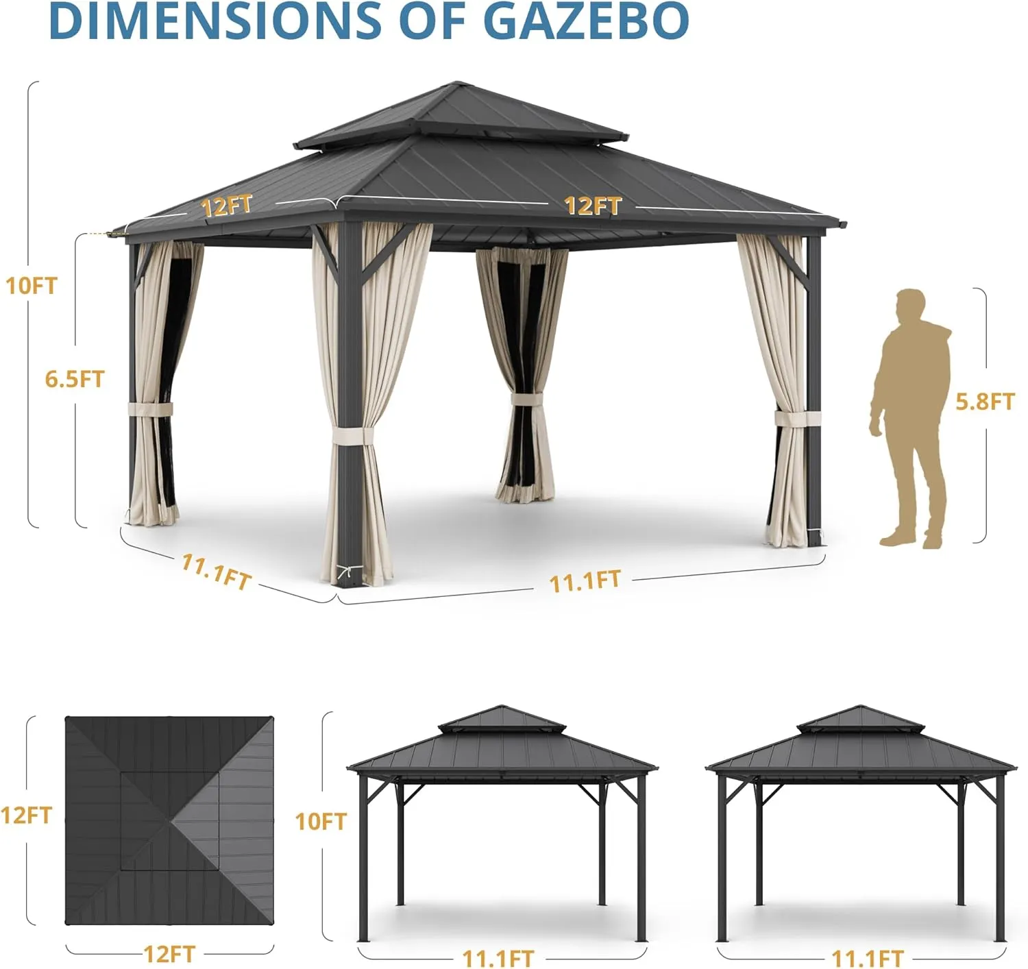 LUE BONA 12'x12' Gazebo Hardtop Gazebos, Double Galvanized Steel Roof and Aluminum Frame Permanent Pavilion with Dual Curtains, Outdoor Metal Roof Gazebo for Patio, Garden, Backyard, Black