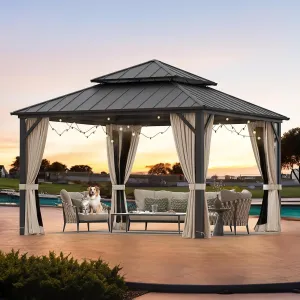 LUE BONA 12'x12' Gazebo Hardtop Gazebos, Double Galvanized Steel Roof and Aluminum Frame Permanent Pavilion with Dual Curtains, Outdoor Metal Roof Gazebo for Patio, Garden, Backyard, Black