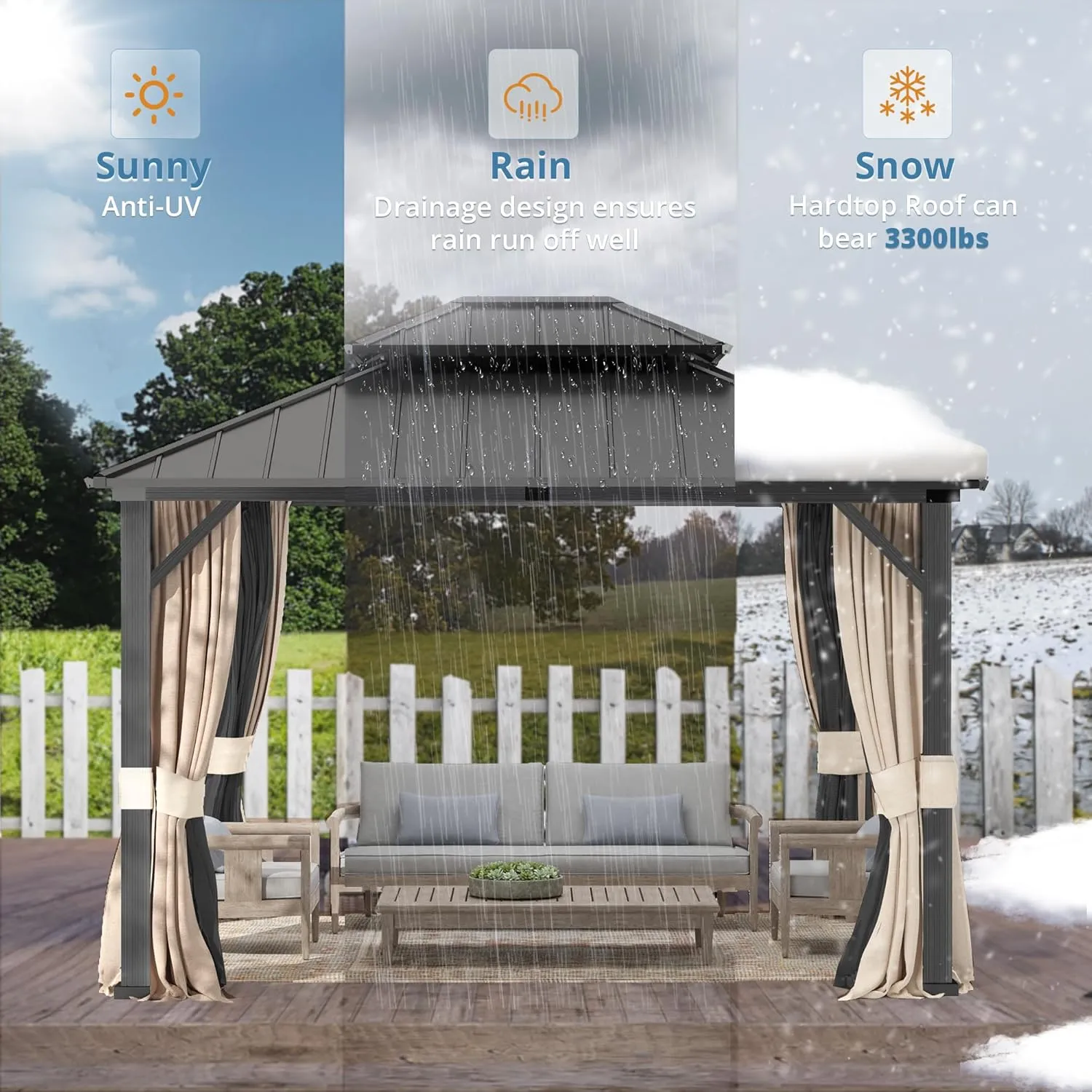 LUE BONA 12'x12' Gazebo Hardtop Gazebos, Double Galvanized Steel Roof and Aluminum Frame Permanent Pavilion with Dual Curtains, Outdoor Metal Roof Gazebo for Patio, Garden, Backyard, Black