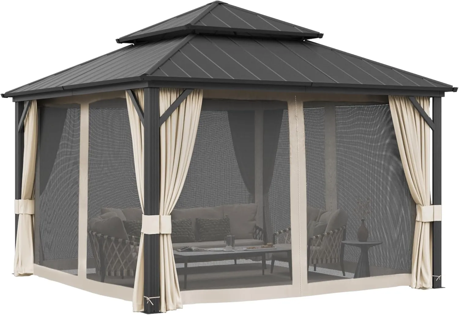 LUE BONA 12'x12' Gazebo Hardtop Gazebos, Double Galvanized Steel Roof and Aluminum Frame Permanent Pavilion with Dual Curtains, Outdoor Metal Roof Gazebo for Patio, Garden, Backyard, Black