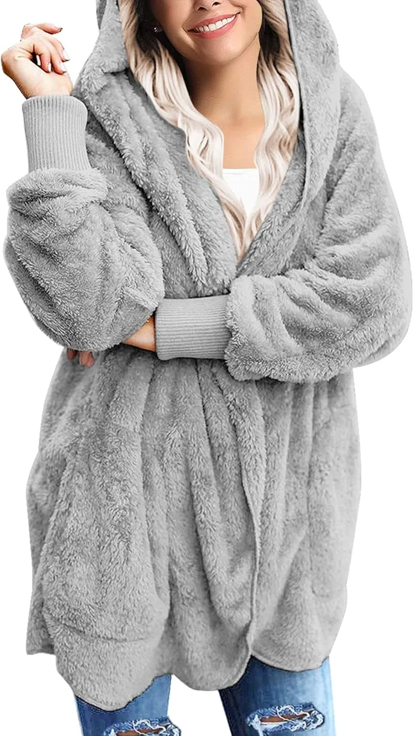 luvamia Women Fuzzy Fleece Open Front Pockets Hooded Cardigan Jacket Coat Outwear
