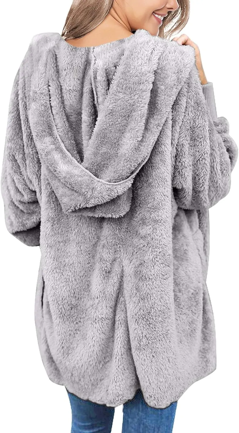 luvamia Women Fuzzy Fleece Open Front Pockets Hooded Cardigan Jacket Coat Outwear