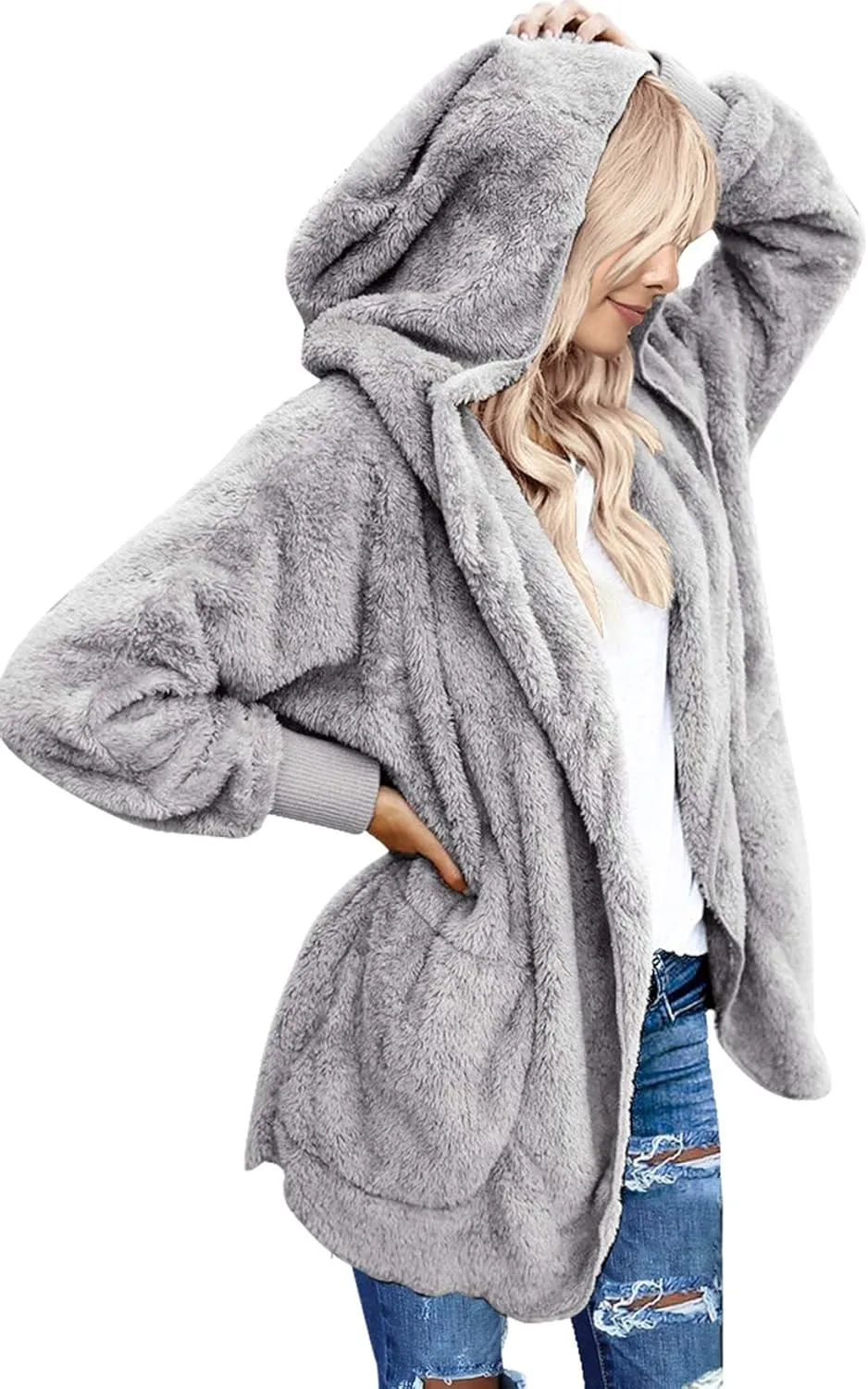 luvamia Women Fuzzy Fleece Open Front Pockets Hooded Cardigan Jacket Coat Outwear