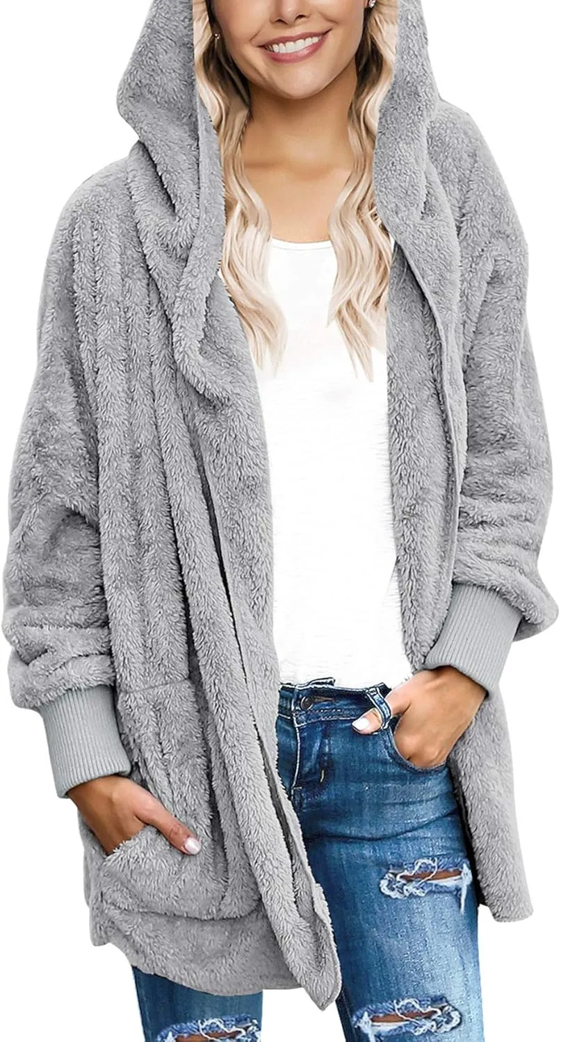 luvamia Women Fuzzy Fleece Open Front Pockets Hooded Cardigan Jacket Coat Outwear