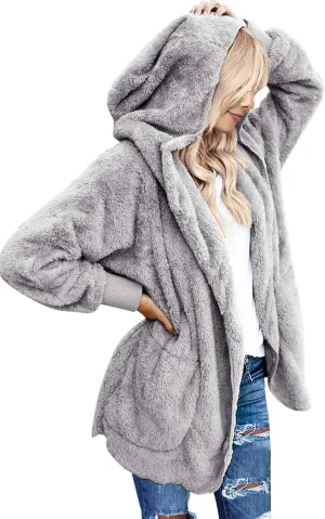 luvamia Women Fuzzy Fleece Open Front Pockets Hooded Cardigan Jacket Coat Outwear