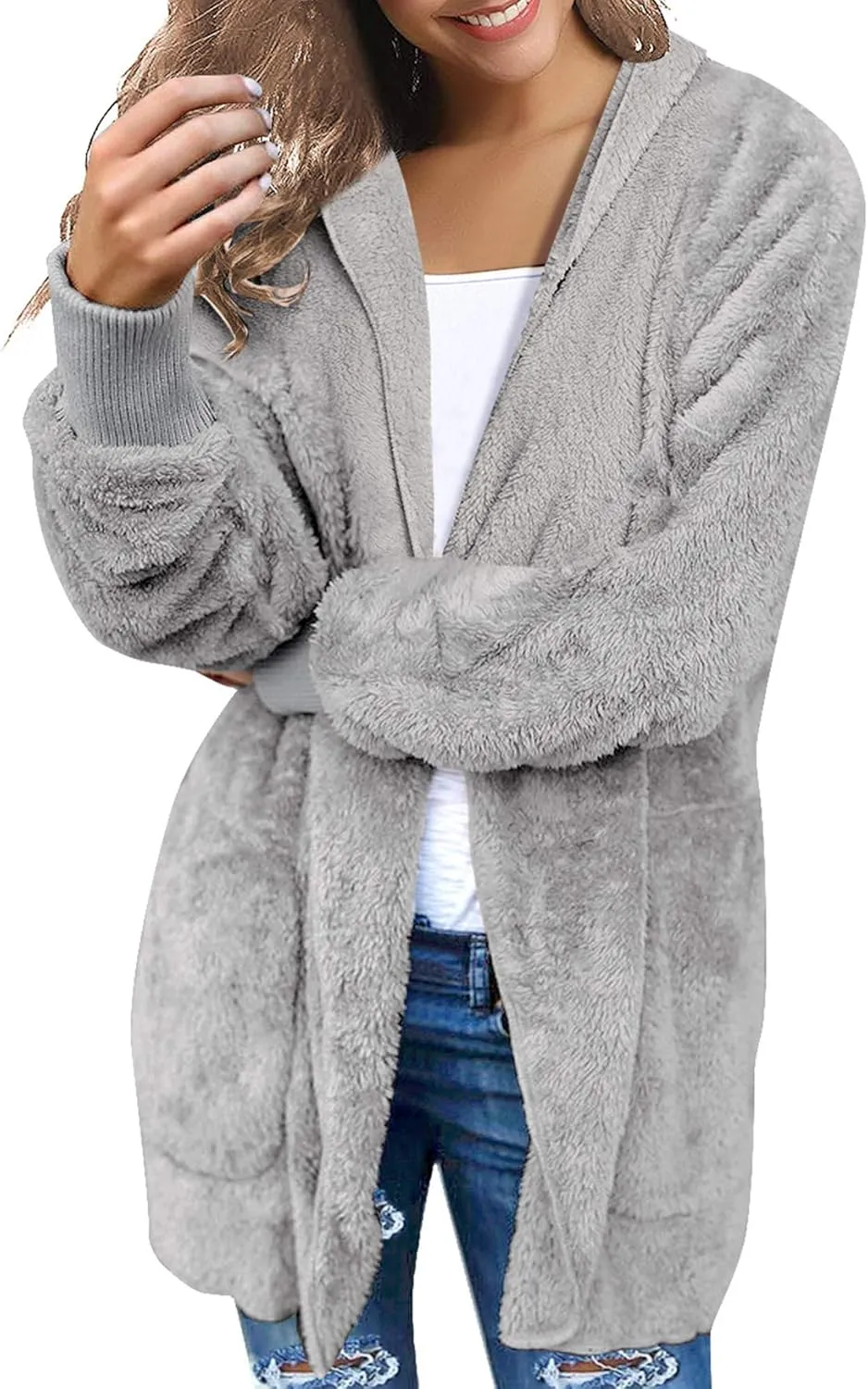 luvamia Women Fuzzy Fleece Open Front Pockets Hooded Cardigan Jacket Coat Outwear