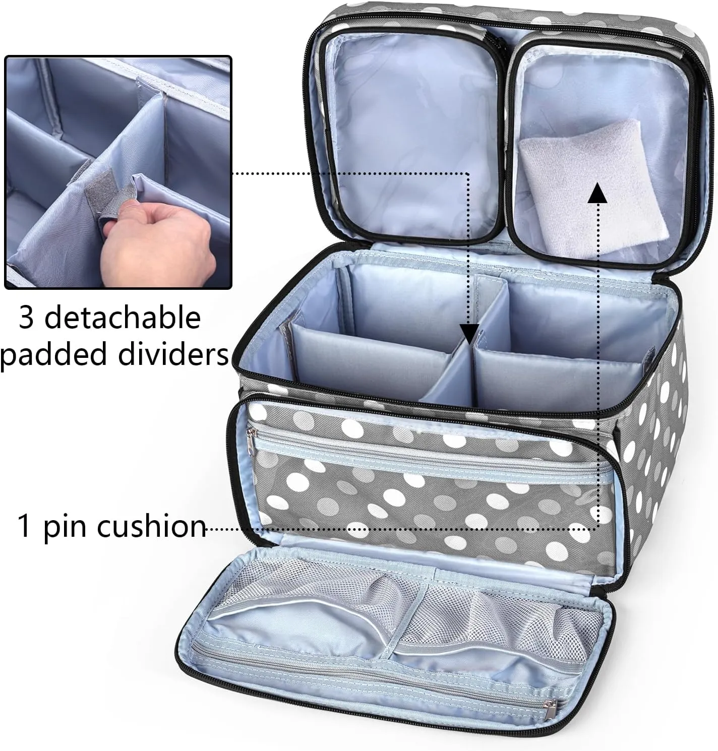 Luxja Sewing Accessories Organizer with 2 Detachable Clear Pockets, Sewing Supplies Organizer (Patent Design), Polka Dots