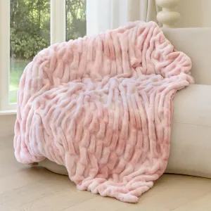 Luxury Faux Fur Throw Blanket with Stretch Ruched Design, Cozy Faux Fur Blanket, 50x60 Inches, Pink - Soft Plush Blanket for Bed, Couch, and Home Decor