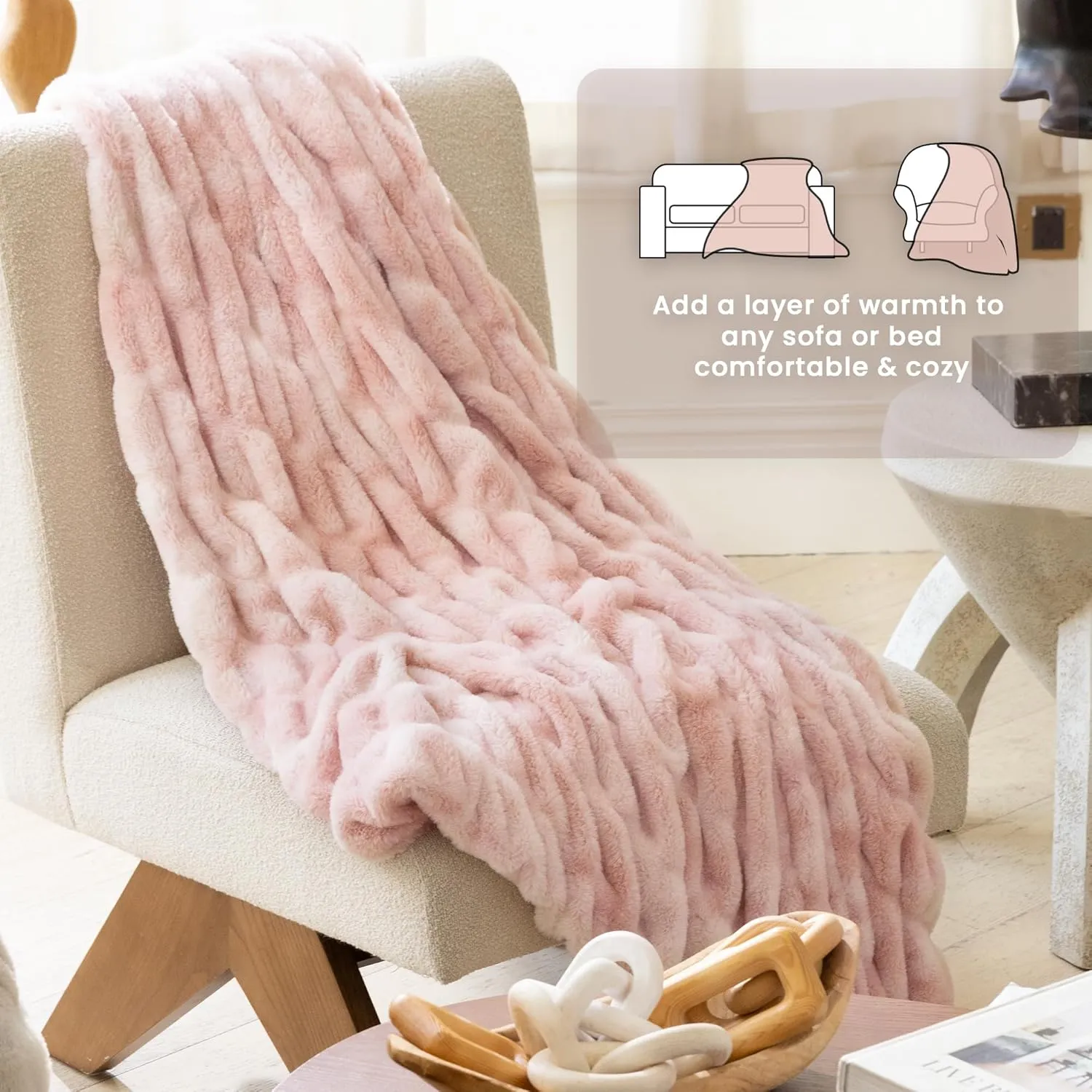 Luxury Faux Fur Throw Blanket with Stretch Ruched Design, Cozy Faux Fur Blanket, 50x60 Inches, Pink - Soft Plush Blanket for Bed, Couch, and Home Decor