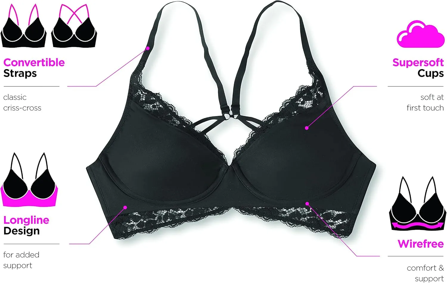 Maidenform Pure Comfort Lace Bralette, Our Best Longline Bralette for Women, Convertible Wireless Bra