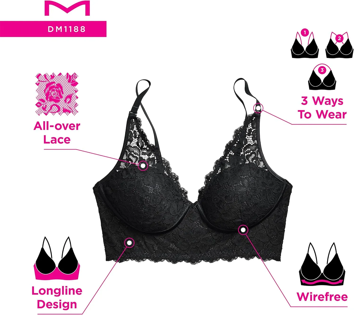 Maidenform Women's Wireless Bralette, Pure Comfort Lace Longline Bra, Convertible Bra for Women