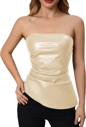 MakeMeChic Women's Faux Leather Strapless Tube Tops Asymmetrical Ruched Backless Corset Crop Going Out Tops