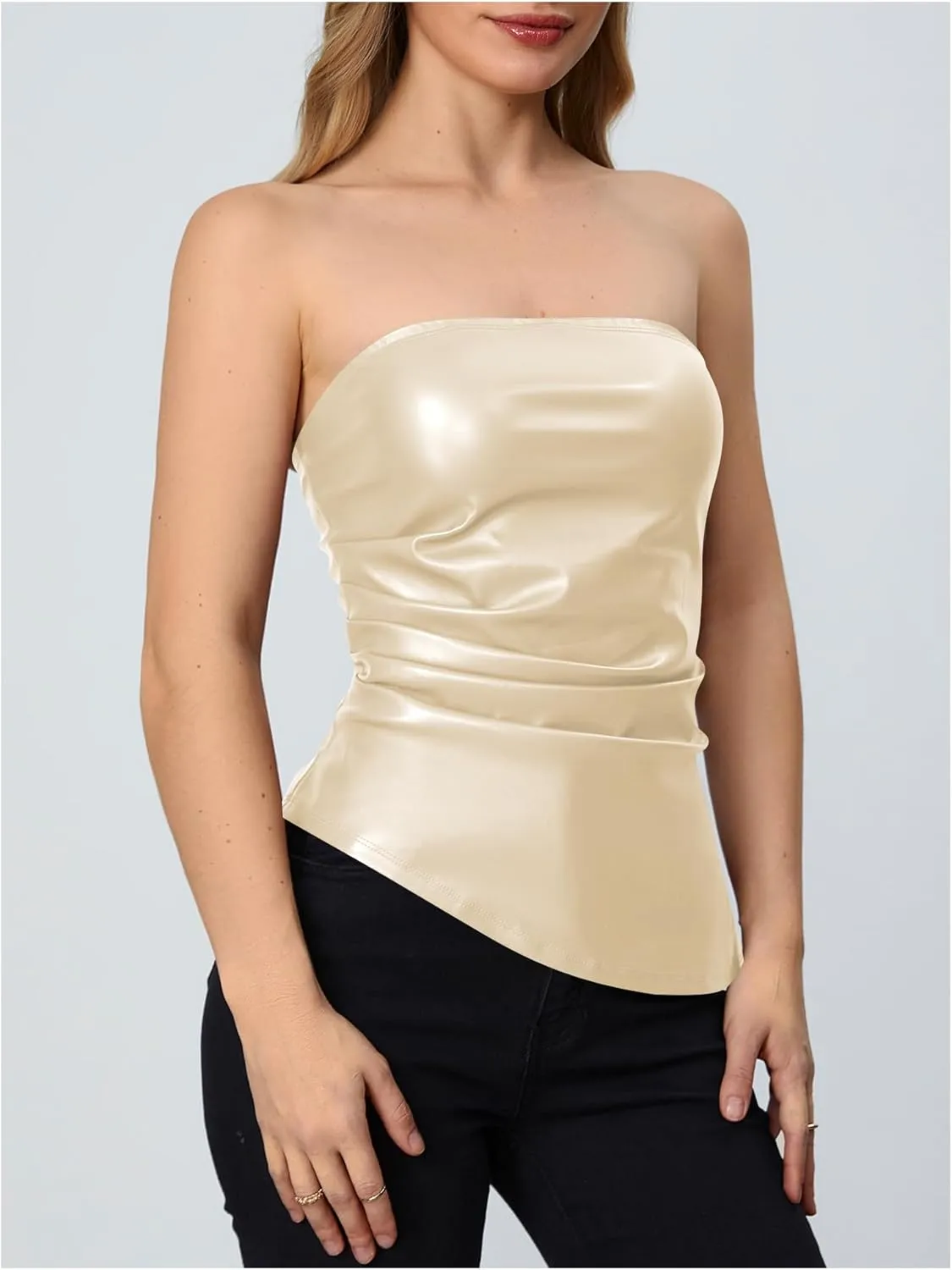 MakeMeChic Women's Faux Leather Strapless Tube Tops Asymmetrical Ruched Backless Corset Crop Going Out Tops