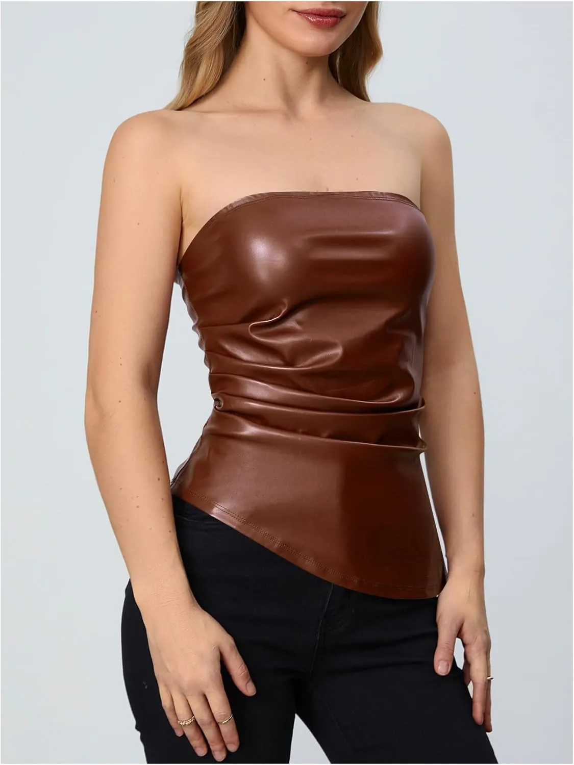 MakeMeChic Women's Faux Leather Strapless Tube Tops Asymmetrical Ruched Backless Corset Crop Going Out Tops