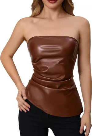 MakeMeChic Women's Faux Leather Strapless Tube Tops Asymmetrical Ruched Backless Corset Crop Going Out Tops