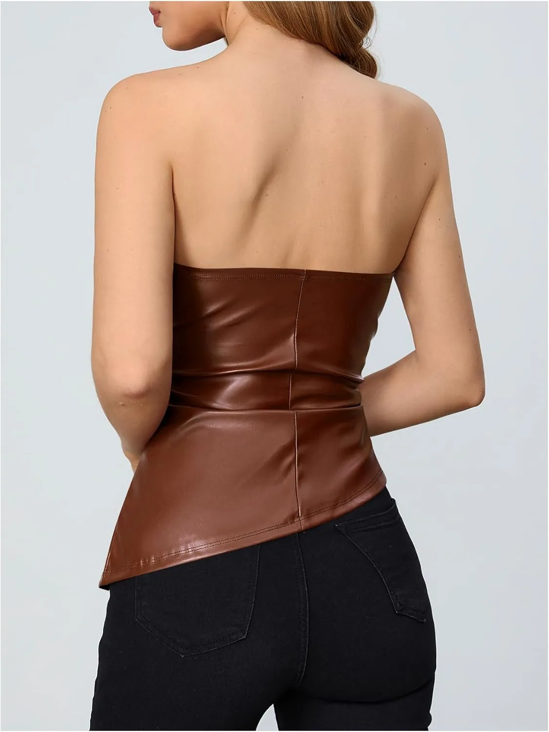 MakeMeChic Women's Faux Leather Strapless Tube Tops Asymmetrical Ruched Backless Corset Crop Going Out Tops