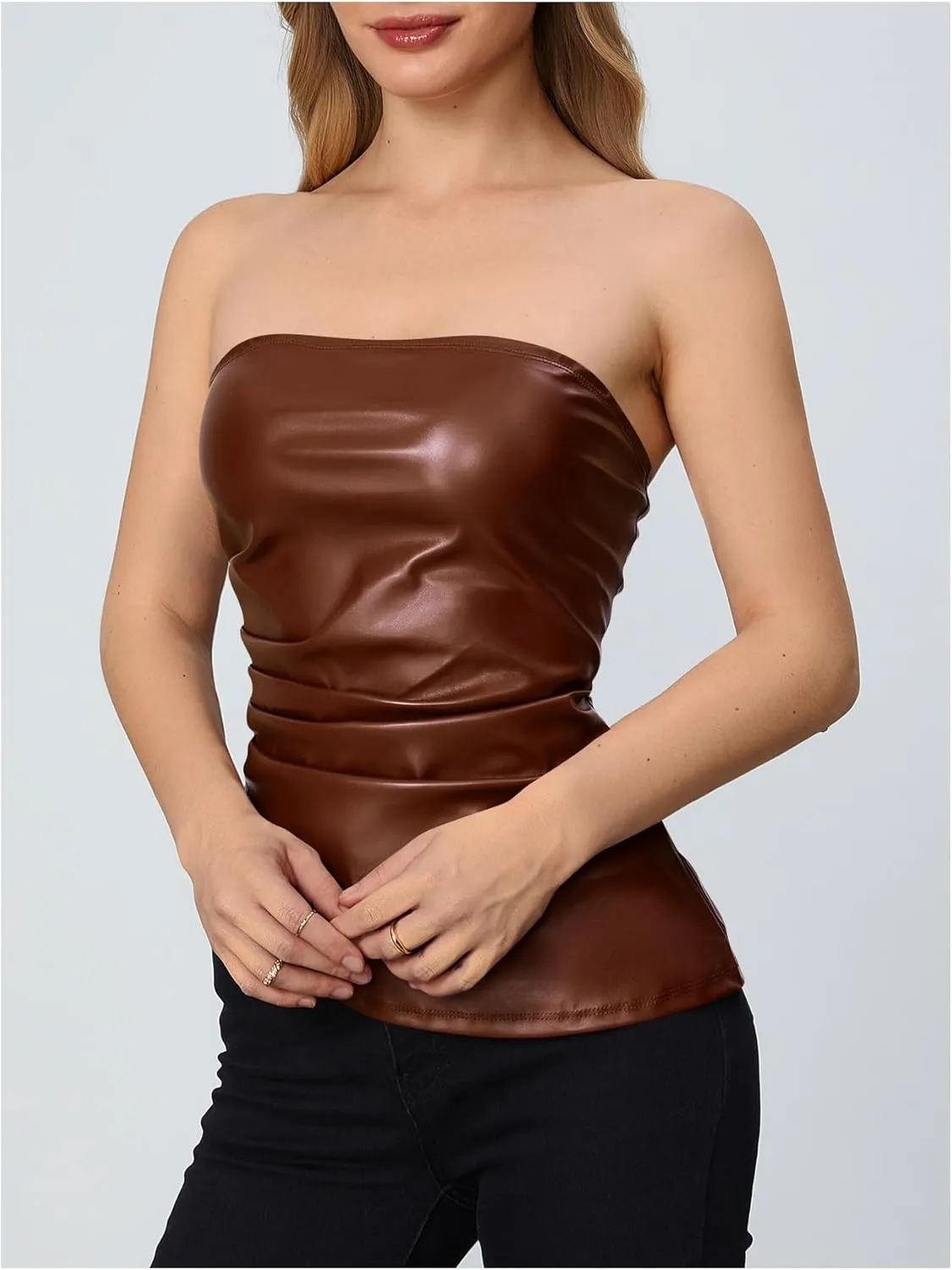 MakeMeChic Women's Faux Leather Strapless Tube Tops Asymmetrical Ruched Backless Corset Crop Going Out Tops