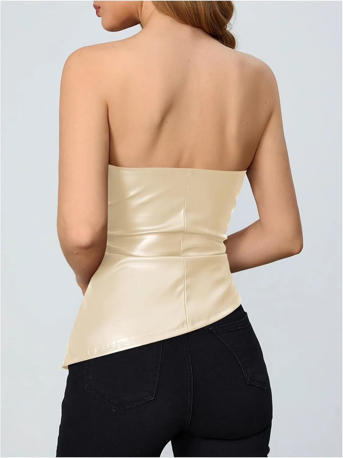 MakeMeChic Women's Faux Leather Strapless Tube Tops Asymmetrical Ruched Backless Corset Crop Going Out Tops
