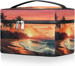 Makeup Bag Cosmetic Bags, Tropical Island Beach Large Capacity Travel Makeup Organizer Case, Coconut Palm Portable Toiletry Bag for Women Makeup Brush Bag Storage Bag