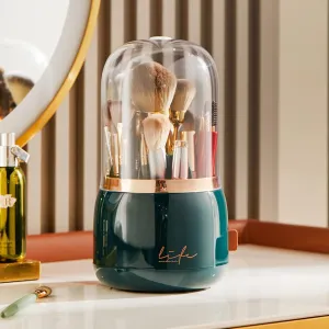 Makeup Brush Holder Organizer with Lid, Rotating Dustproof Make Up Brushes Organizer with Clear Acrylic Cover for Vanity Desktop Bathroom Countertop (Dark green)