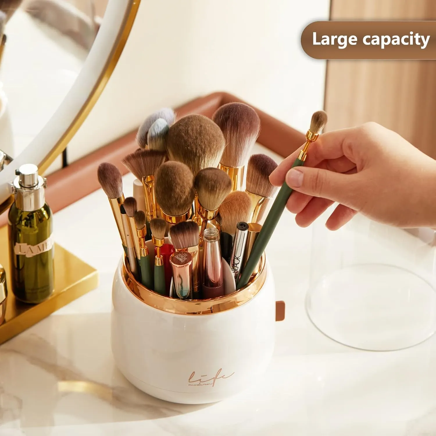 Makeup Brush Holder Organizer with Lid, Rotating Dustproof Make Up Brushes Organizer with Clear Acrylic Cover for Vanity Desktop Bathroom Countertop (Dark green)
