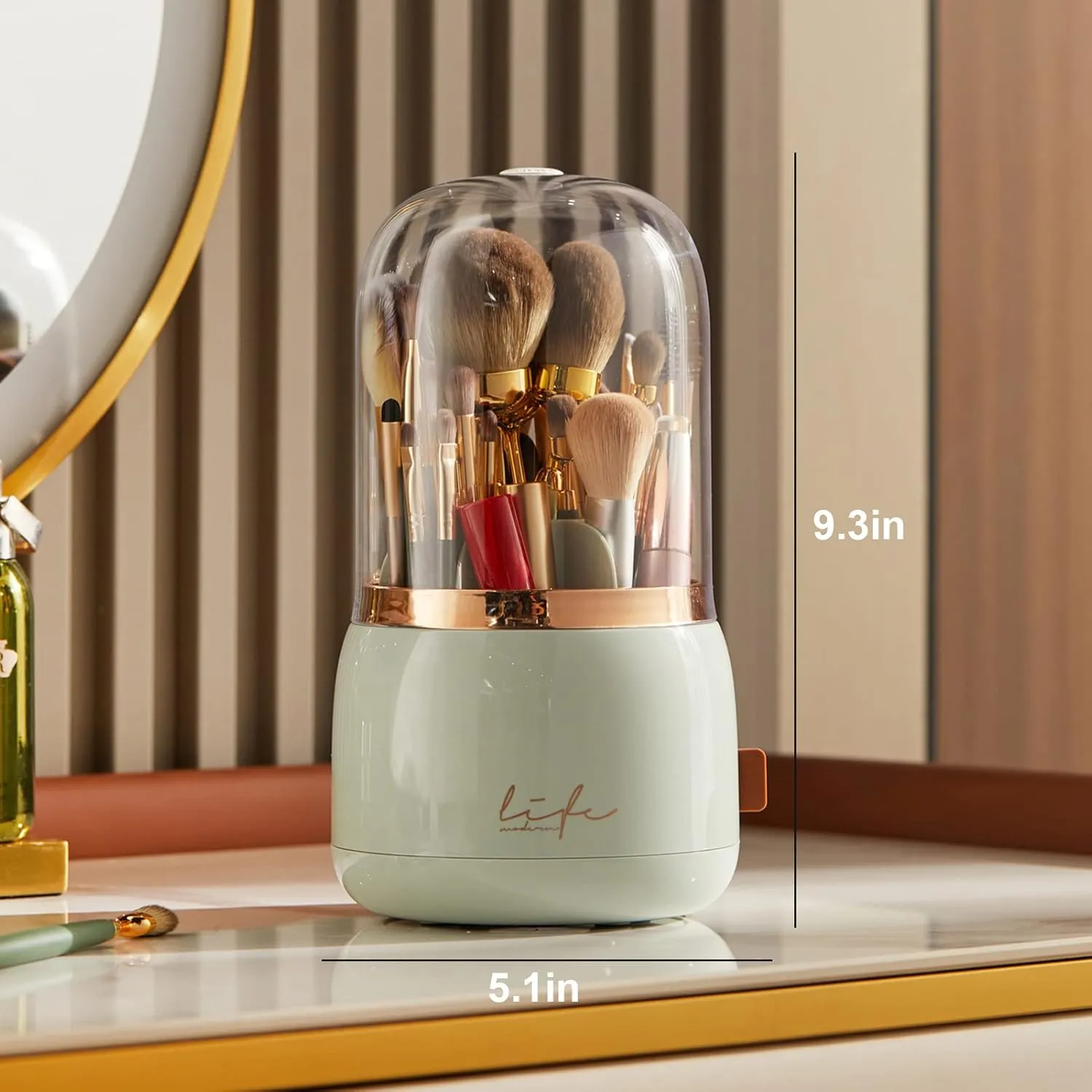 Makeup Brush Holder Organizer with Lid, Rotating Dustproof Make Up Brushes Organizer with Clear Acrylic Cover for Vanity Desktop Bathroom Countertop (Light green)