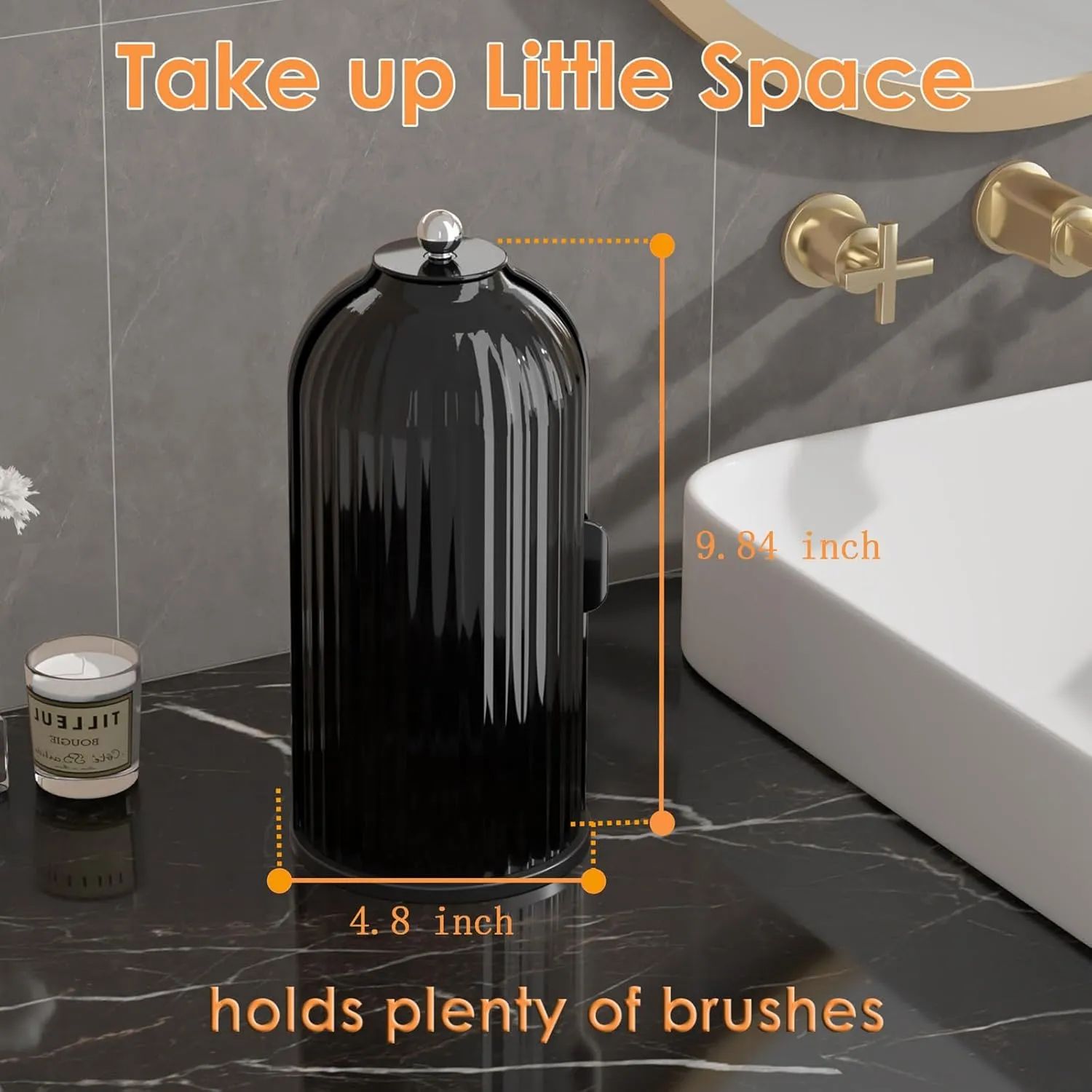 Makeup Brush Holder with Lid 360 Rotating Clear Dustproof Make Up Organizers for Vanity Bathroom Countertop, All Black