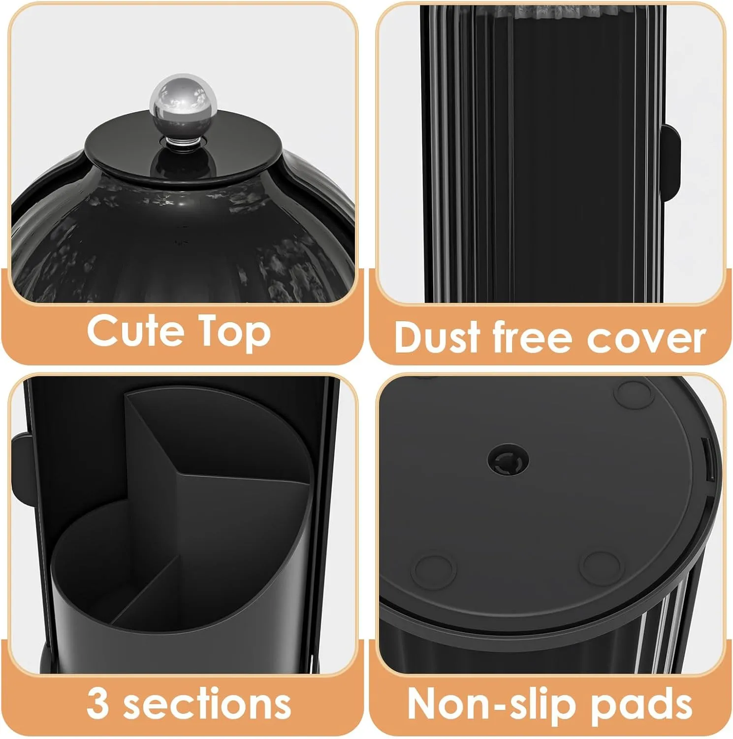 Makeup Brush Holder with Lid 360 Rotating Clear Dustproof Make Up Organizers for Vanity Bathroom Countertop, All Black