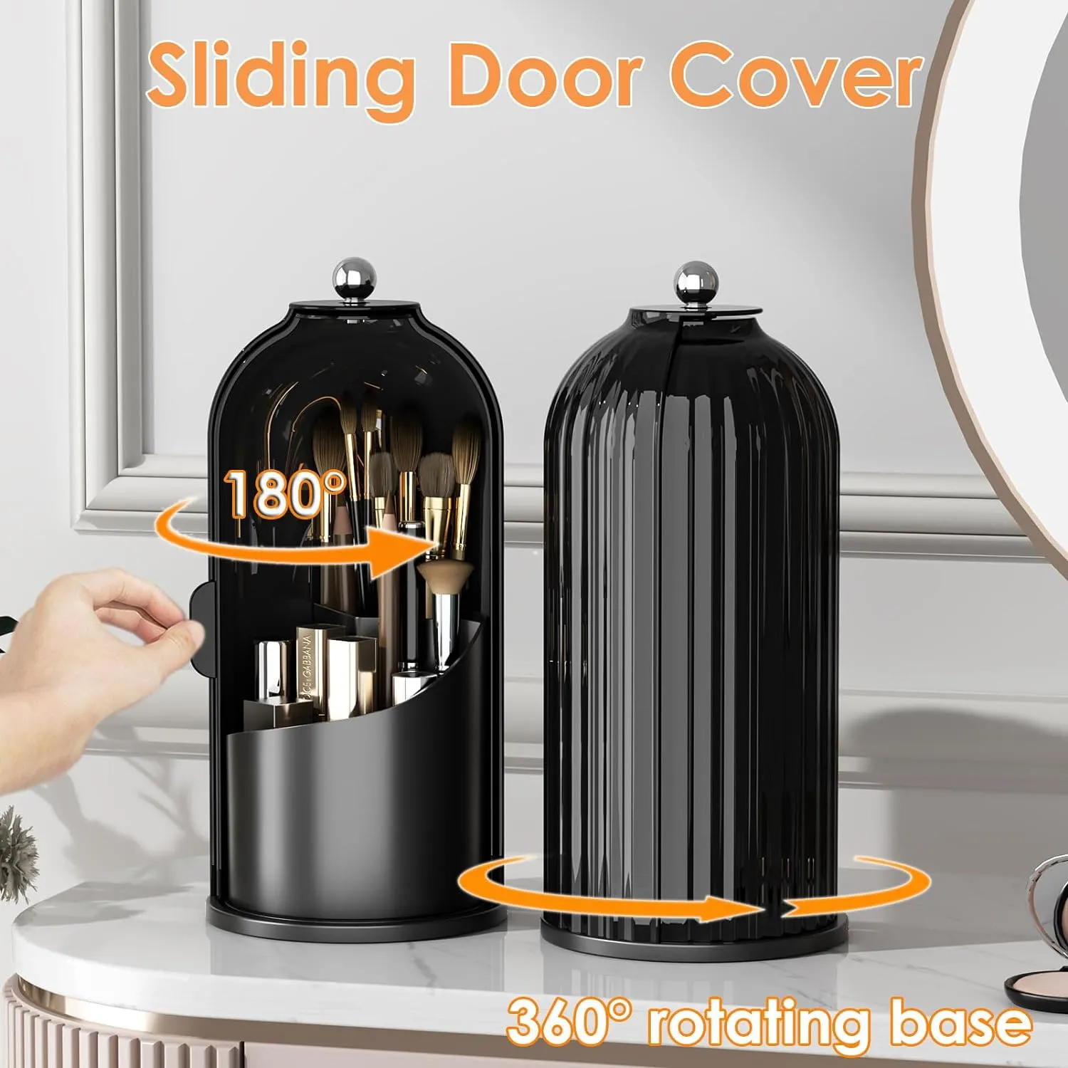 Makeup Brush Holder with Lid 360 Rotating Clear Dustproof Make Up Organizers for Vanity Bathroom Countertop, All Black