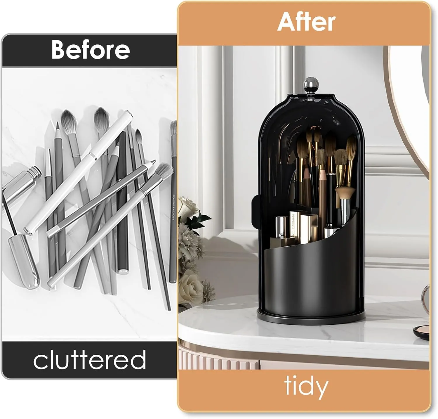 Makeup Brush Holder with Lid 360 Rotating Clear Dustproof Make Up Organizers for Vanity Bathroom Countertop, All Black