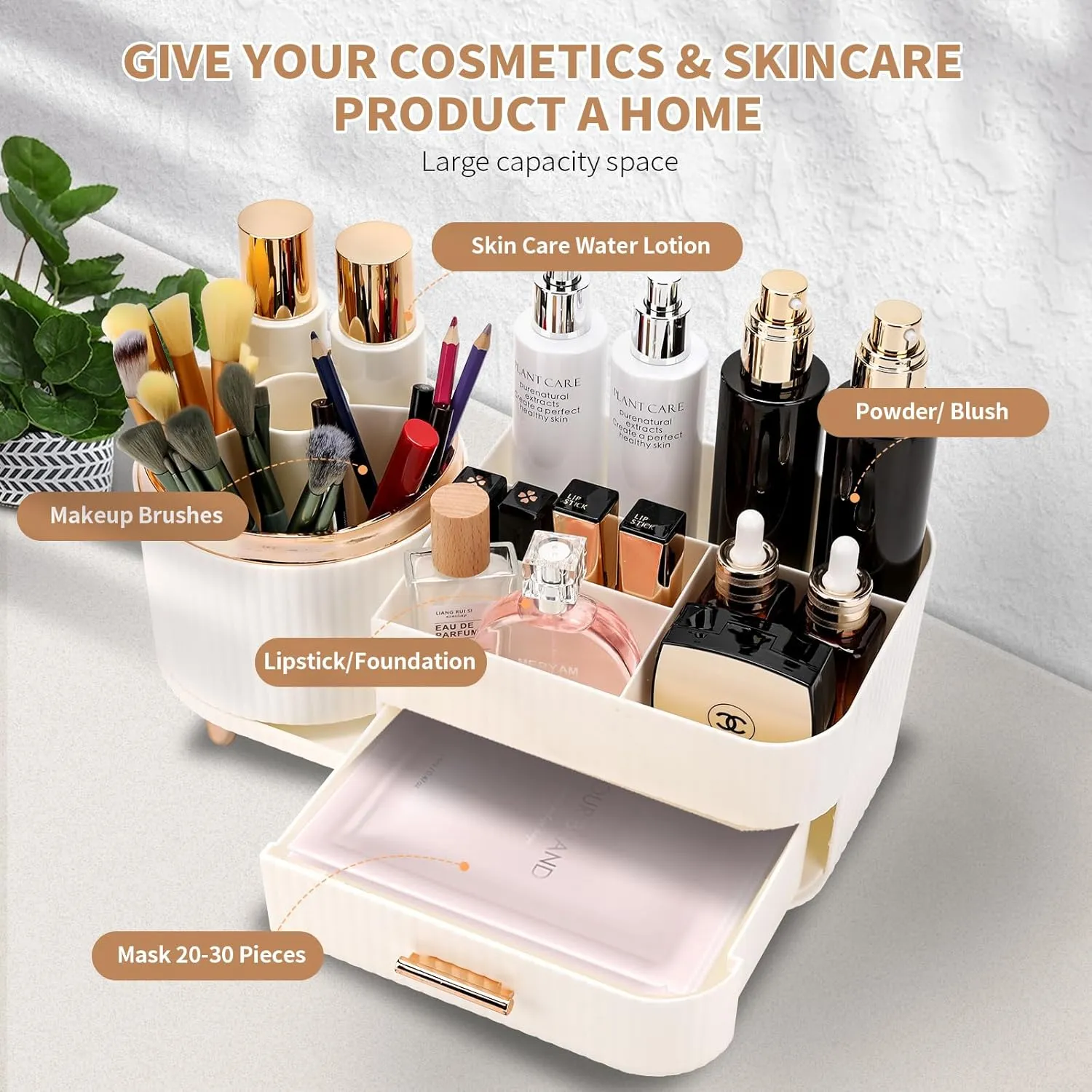 Makeup Organizer for Vanity, Cosmetic Display Case with Drawers, Fits Makeup, Skincare Products, Brushes, Lipsticks, and Other Accessories, Versatile Storage Solution (White)