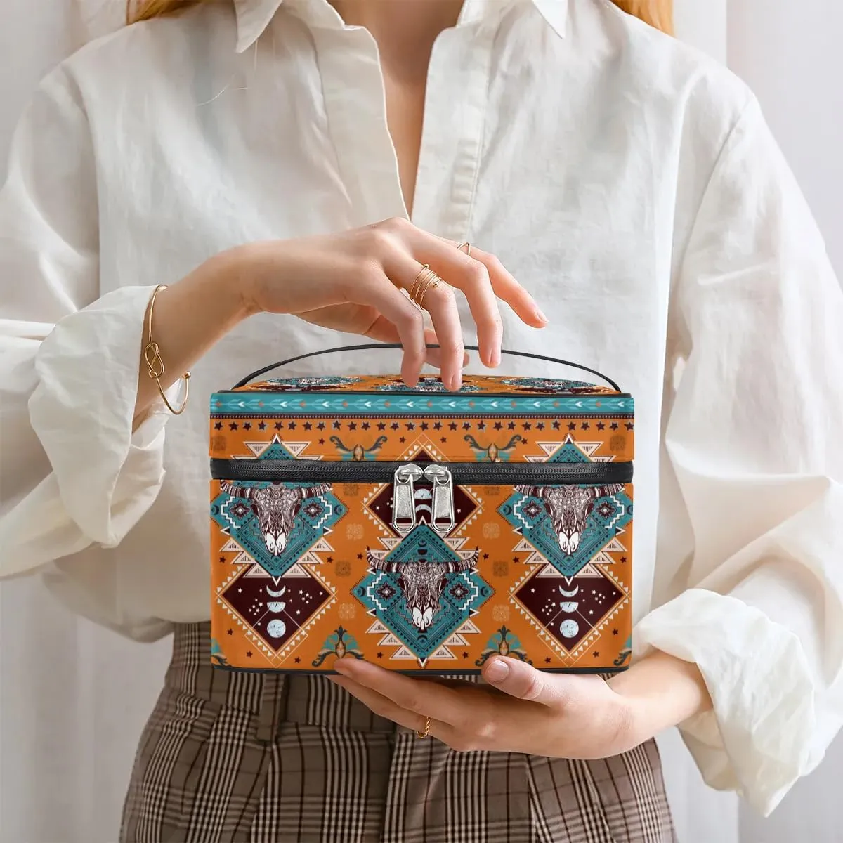 Makeup Travel Bag Organizer Toiletry Bag for Women Portable Cosmetic Storage Case with Handle, Large Capacity Lightweight Toiletries Brush Zipper Bag - Ethnic Totem